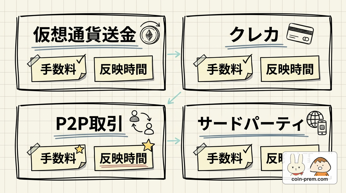 仮想通貨送金・クレジットカード・P2P取引・サードパーティ決済という4つの入金方法を、手数料と反映時間の違いとともにキャラが並べて整理している様子